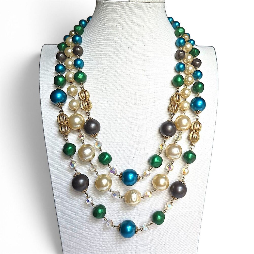 Vintage Teal Green Faux Pearl Layered Necklace AB Crystal Bead Gold Tone 22"-25"